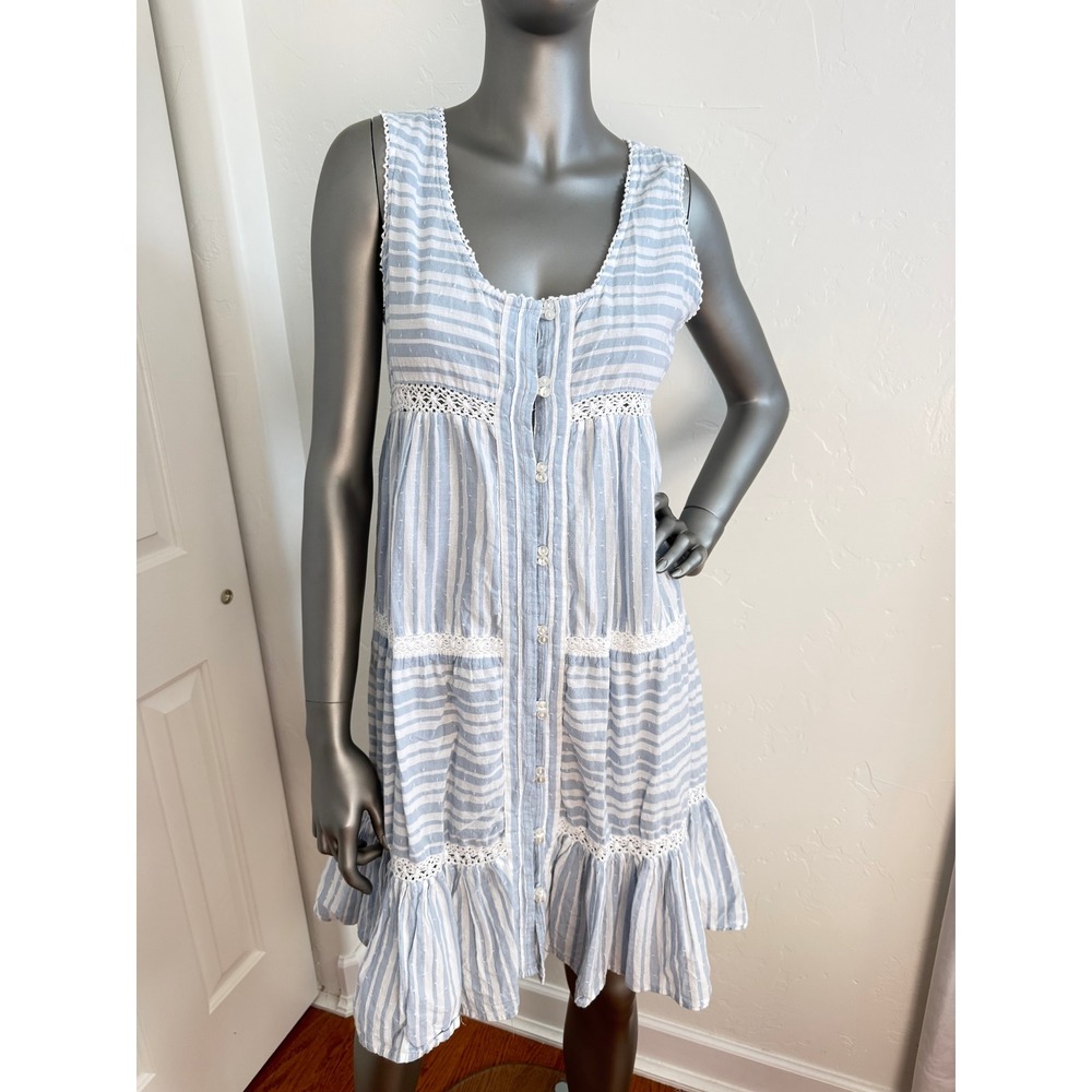 Rachel Ashwell‎ Shabby Chic Blue Stripe Cotton Tiered Nightgown Dress Lace S